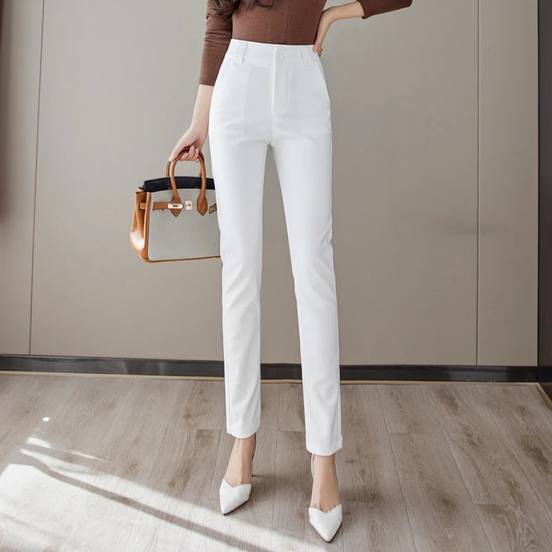 Women's Cotton High Waist Zipper Fly Closure Solid Pattern Pants