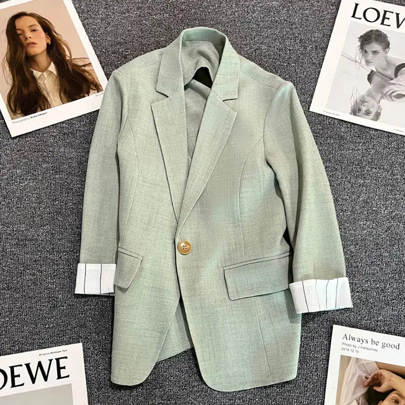 Women's Cotton Notched Long Sleeves Single Button Casual Blazer