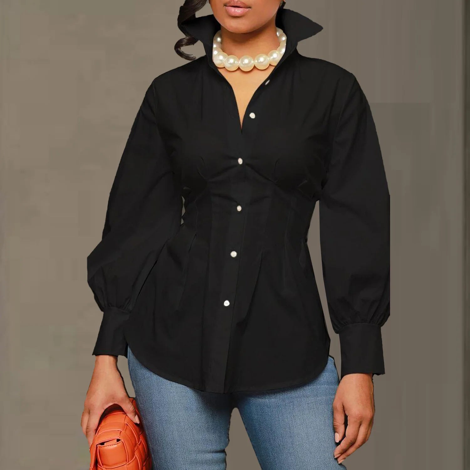 Women's Polyester Turn-Down Collar Long Sleeves Solid Blouse