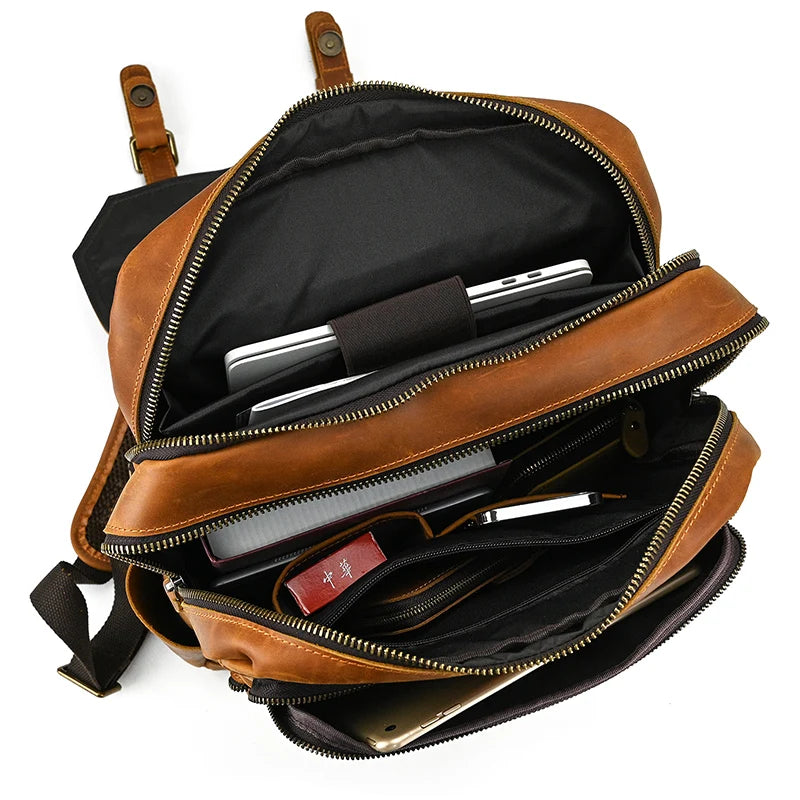 Men's Genuine Leather Zipper Closure Solid Pattern Backpack