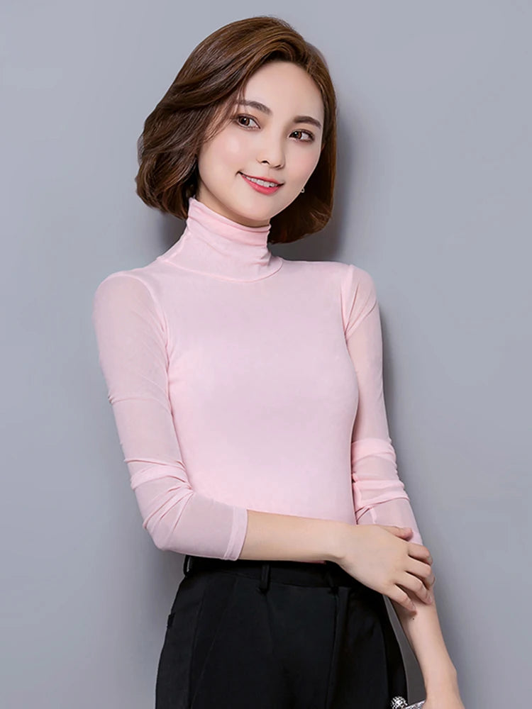 Women's Polyester Turtleneck Long Sleeve Casual Wear Blouse