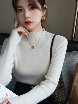 Women's Acrylic Mock Neck Full Sleeves Solid Pattern Sweater