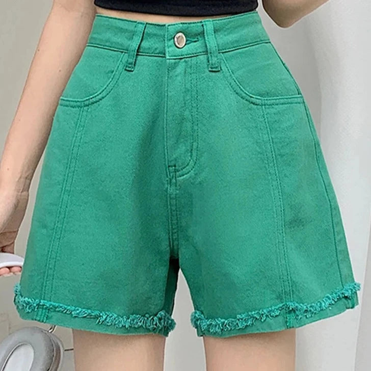 Women's Polyester High Waist Zipper Fly Casual Solid Denim Shorts