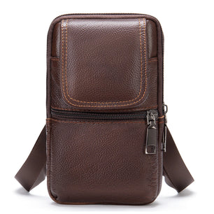 Men's Genuine Leather Zipper Closure Solid Pattern Shoulder Bag