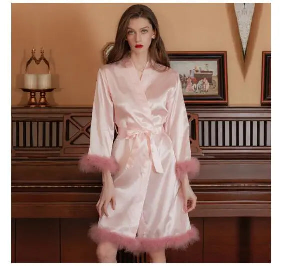 Women's Silk V-Neck Long Sleeves Nightgowns Sleepwear Dress