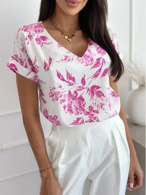 Women's Polyester V-Neck Short Sleeve Printed Pattern Casual Tops