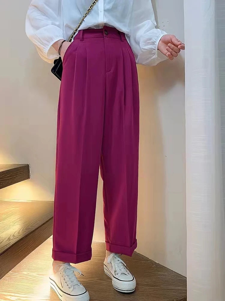 Women's Polyester High Waist Button Fly Closure Casual Trousers