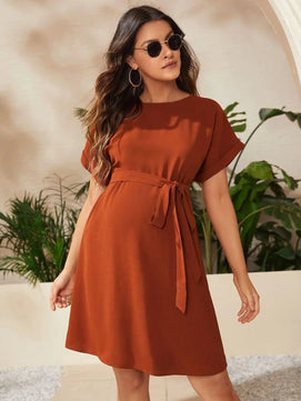 Women's Polyester O-Neck Short Sleeves Solid Maternity Dress