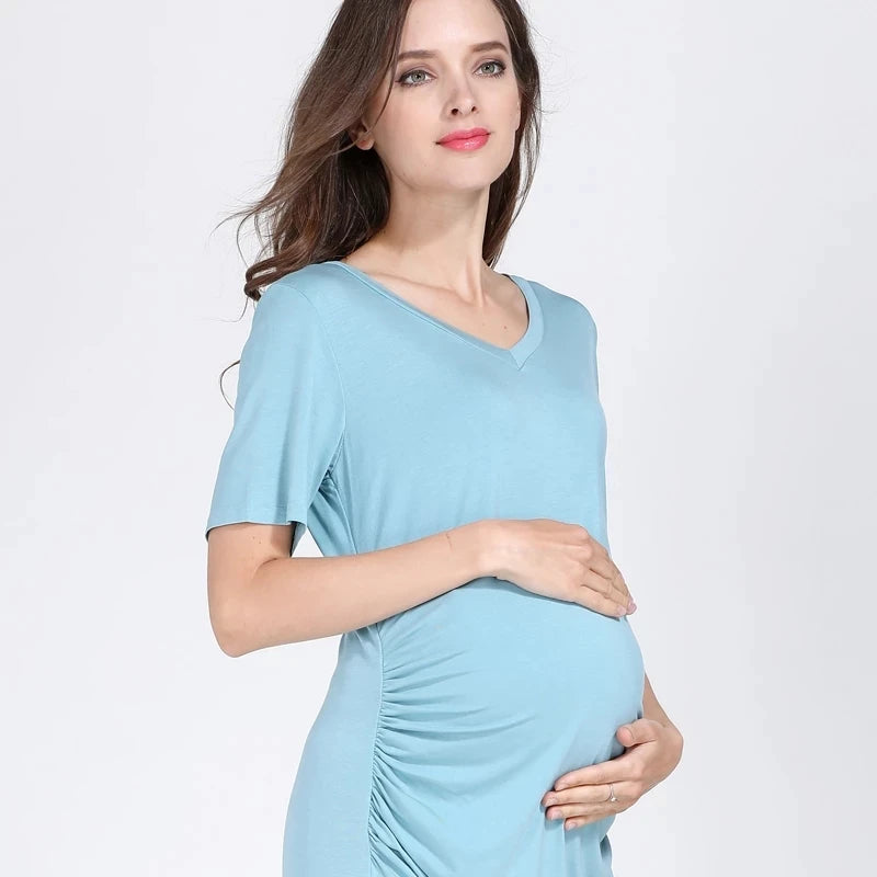 Women's Spandex V-Neck Short Sleeve Solid Pattern Maternity Dress