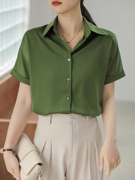 Women's Polyester Turn-Down Collar Short Sleeve Casual Wear Blouse