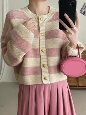 Women's Cotton Long Sleeve Single Breasted Striped Cardigan