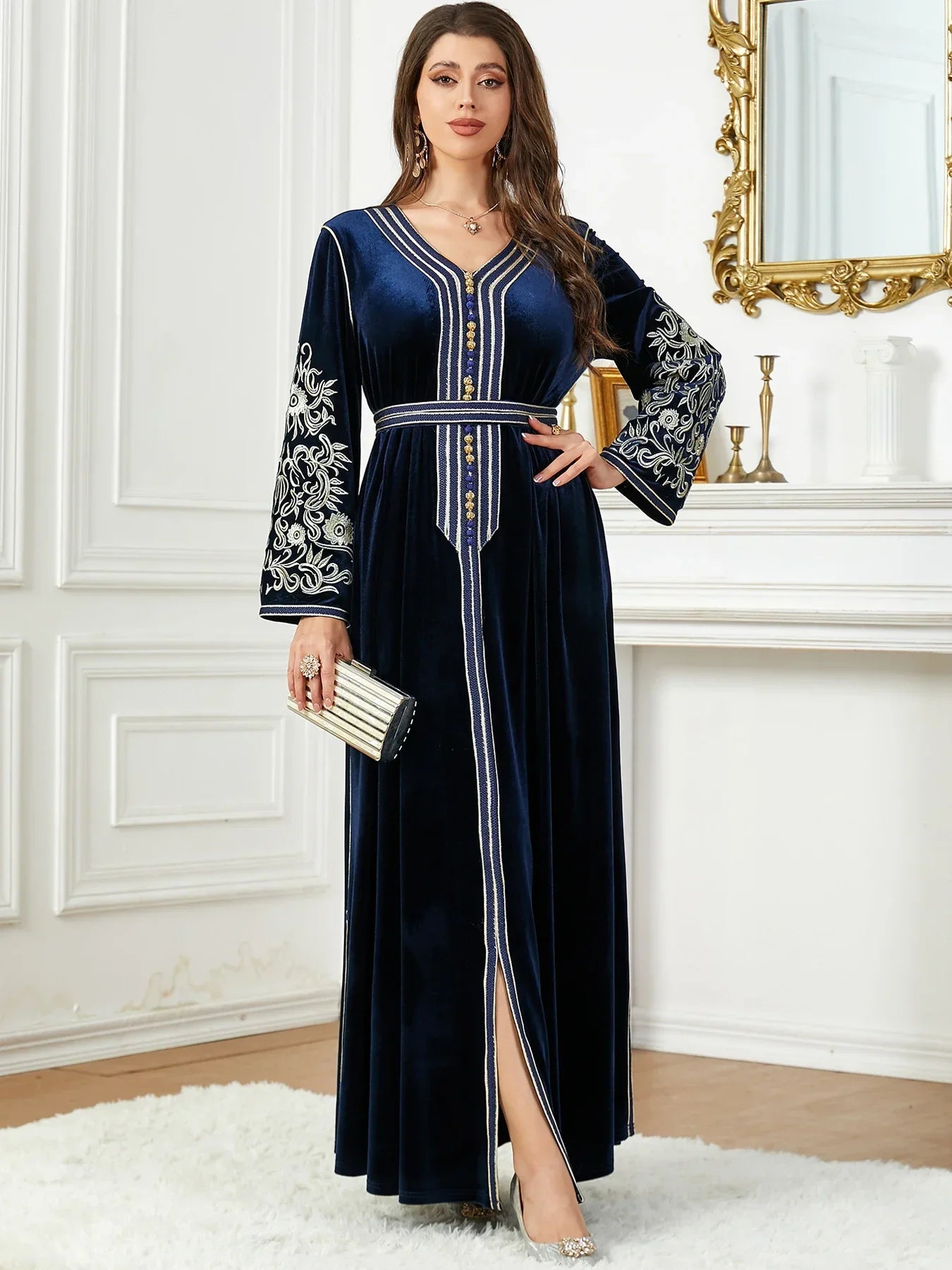 Women's Arabian Velvet Full Sleeves Embroidery Pattern Dress