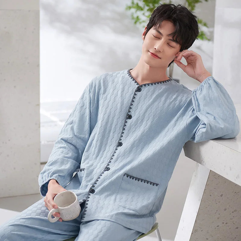 Men's Cotton O-Neck Long Sleeve Solid Pattern Sleepwear Set