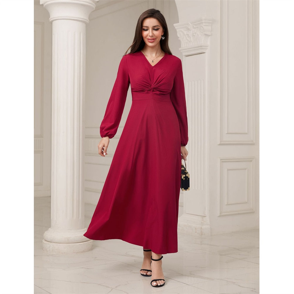 Women's Arabian V-Neck Polyester Full Sleeves Solid Dresses