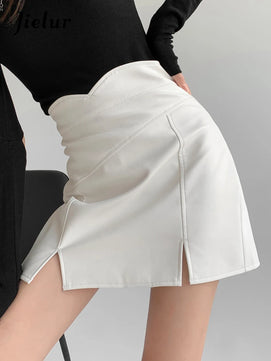 Women's Faux Leather High Waist Solid Pattern Casual Wear Skirts