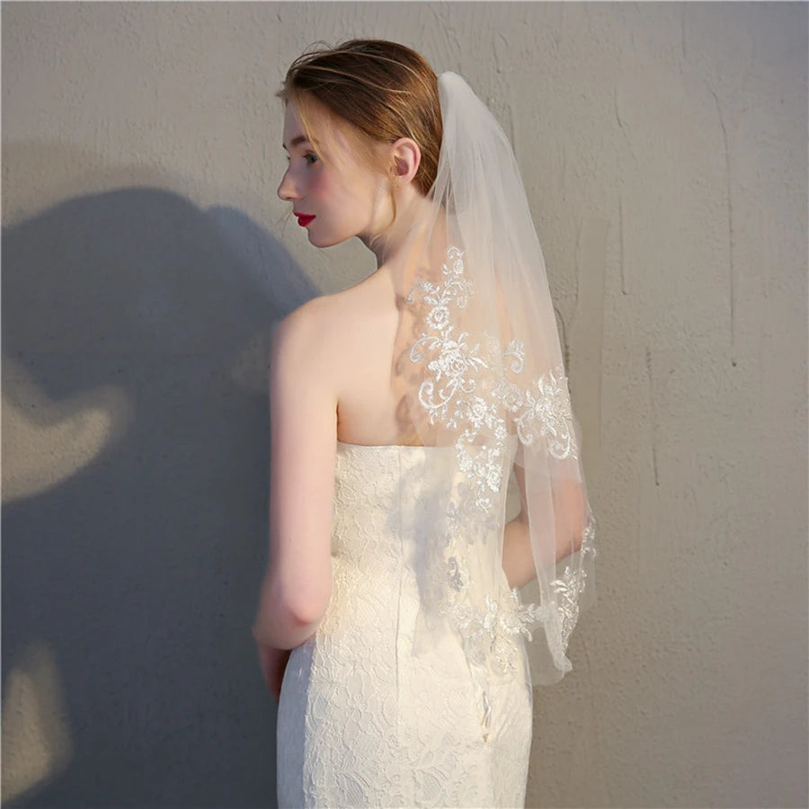 Women's Polyester Applique Edge Two-Layer Bridal Wedding Veils