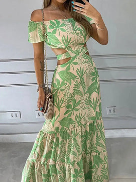 Women's Polyester Slash Neck Short Sleeve Printed Maxi Dress