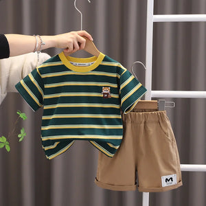 Kid's Boys Cotton O-Neck Short Sleeves Striped Pattern Clothes