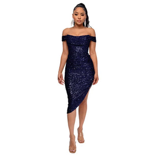 Women's Polyester Square-Neck Sequined Pattern Party Wear Dress