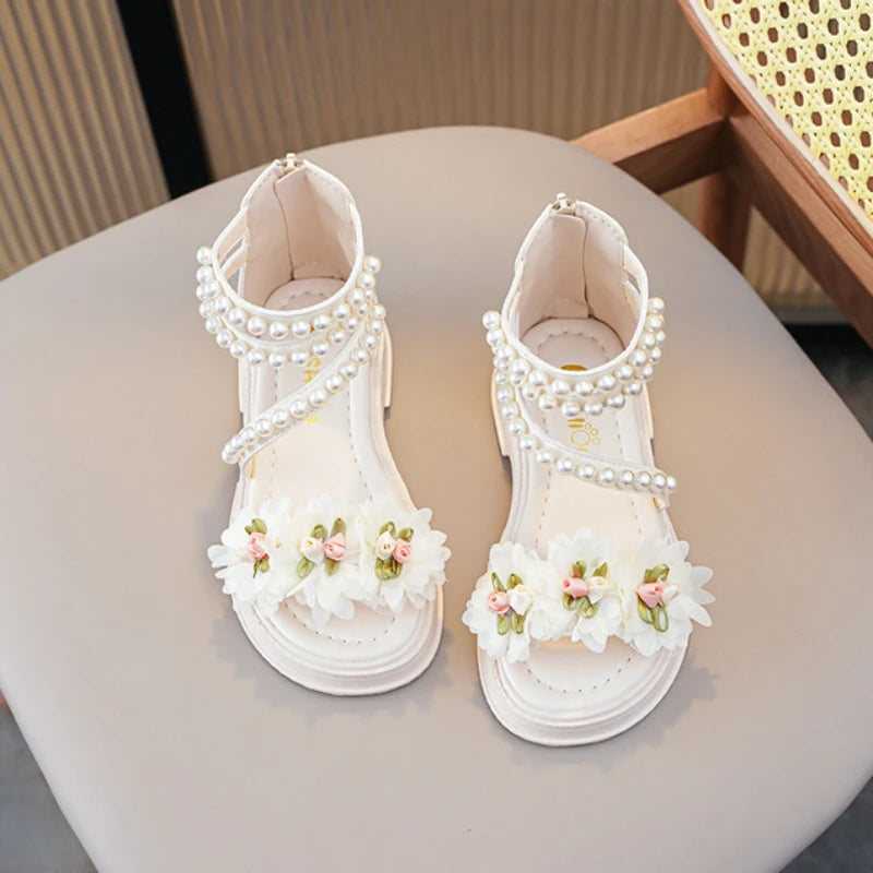 Kid's Synthetic Open Toe Beaded Pattern Hook Loop Closure Sandals