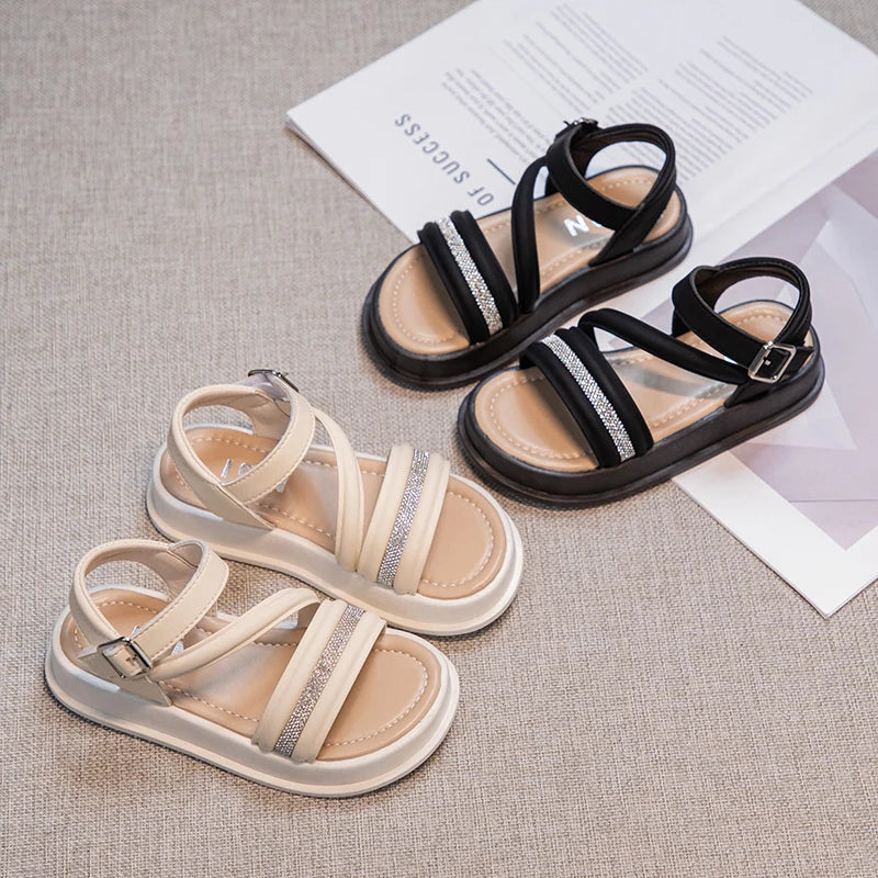 Kid's PU Open Toe Hook Loop Closure Rhinestone Casual Sandals