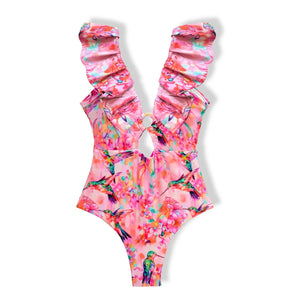 Women's Polyester High Waist Swimwear Floral Pattern One-Piece