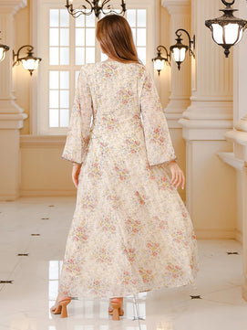 Women's Arabian Polyester Full Sleeves Floral Pattern Dress