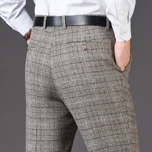 Men's Rayon High Waist Zipper Fly Closure Plaid Formal Pants