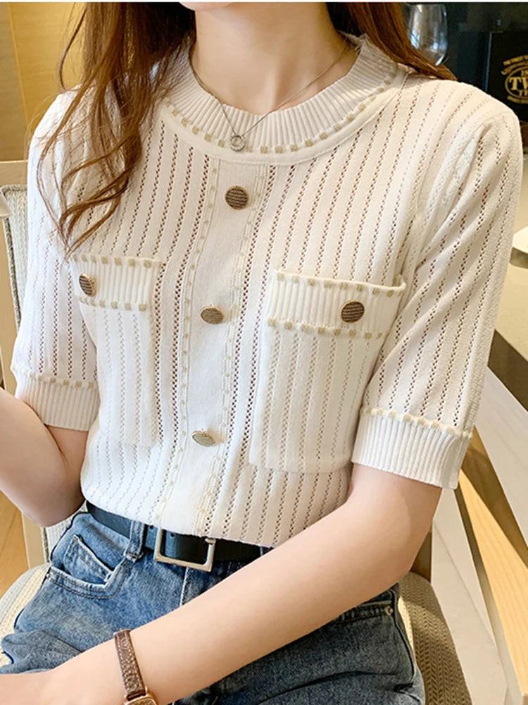 Women's Polyester O-Neck Short Sleeve Patchwork Casual Blouse