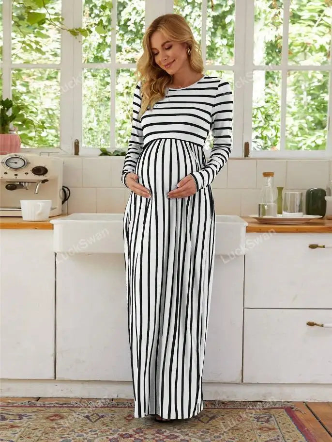 Women’s Polyester O-Neck Long Sleeves Striped Maternity Dress