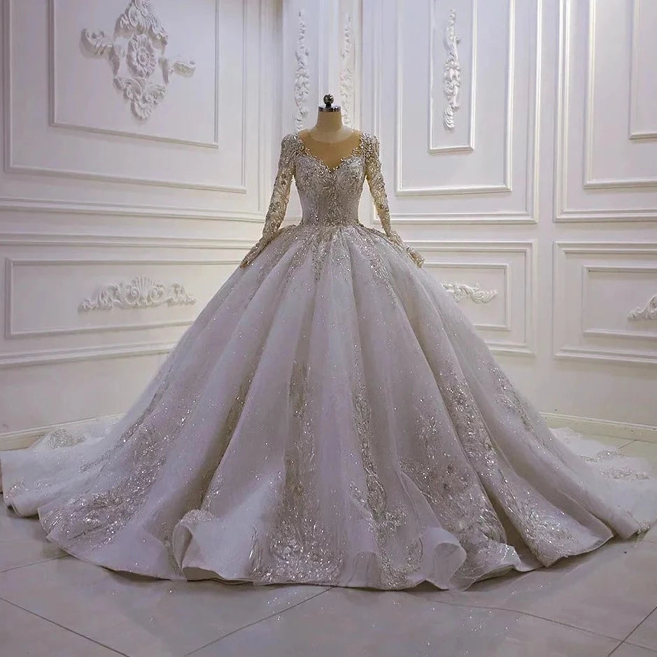 Women's V-Neck Long Sleeves Court Train Bridal Wedding Dress