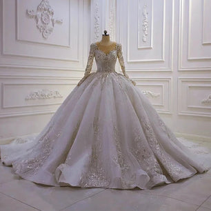 Women's V-Neck Long Sleeves Court Train Bridal Wedding Dress