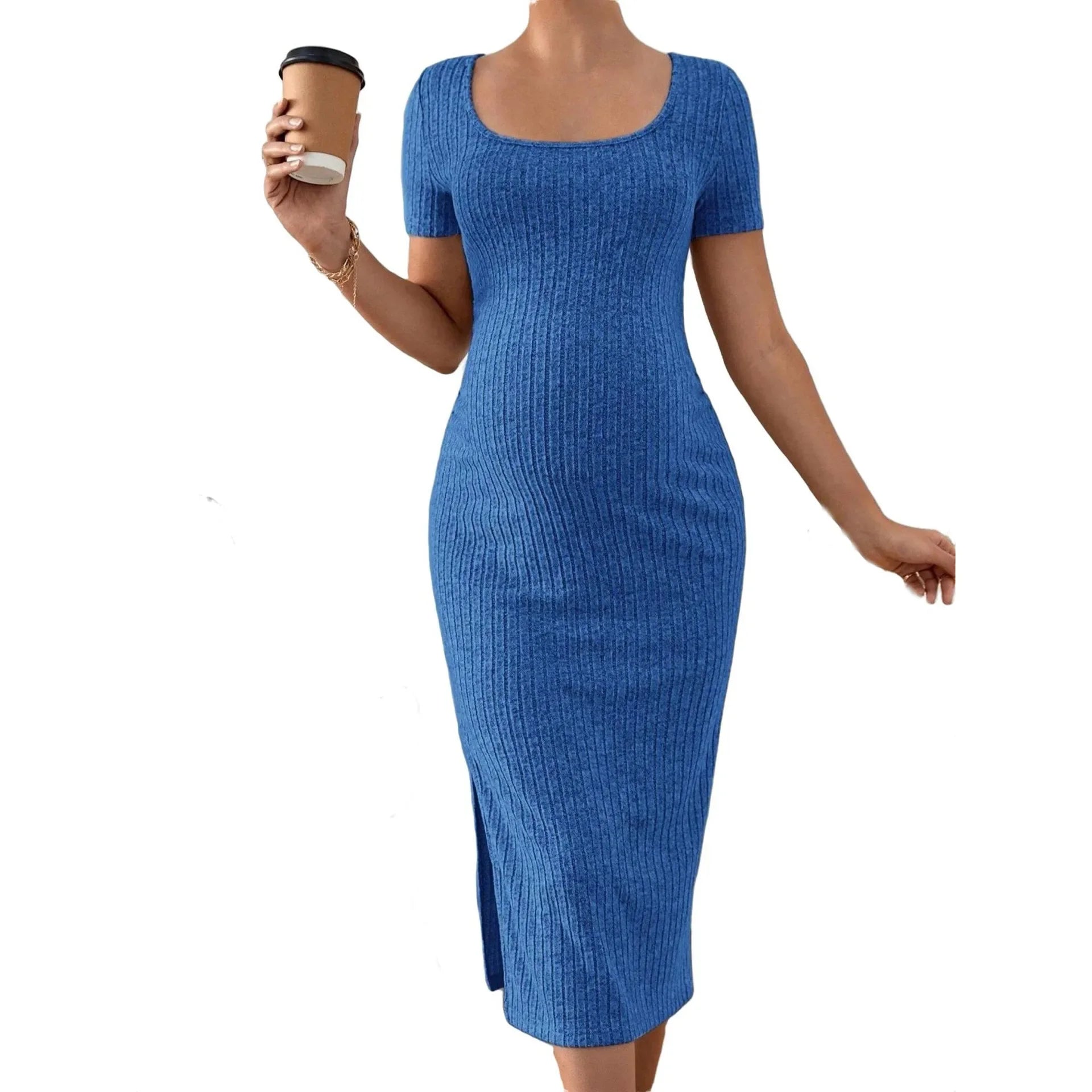 Women's Polyester Square-Neck Short Sleeves Solid Maternity Dress