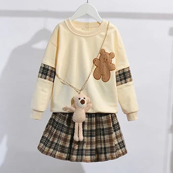 Kid's Cotton O-Neck Long Sleeves Pullover Closure Plaid Dress