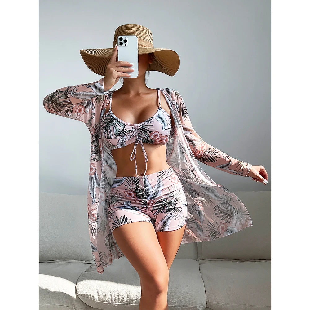 Women's Polyester High Waist Swimwear Three-Piece Bikini Set