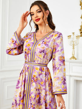 Women's Arabian Polyester Full Sleeves Floral Pattern Dress