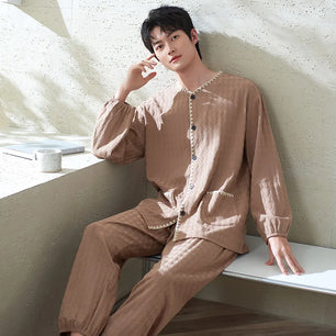 Men's Cotton O-Neck Long Sleeve Solid Pattern Sleepwear Set