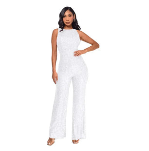 Women's Polyester O-Neck Sleeveless Sequined Pattern Jumpsuit