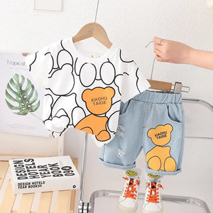 Kid's Cotton O-Neck Short Sleeves Cartoon Pullover Casual Clothes