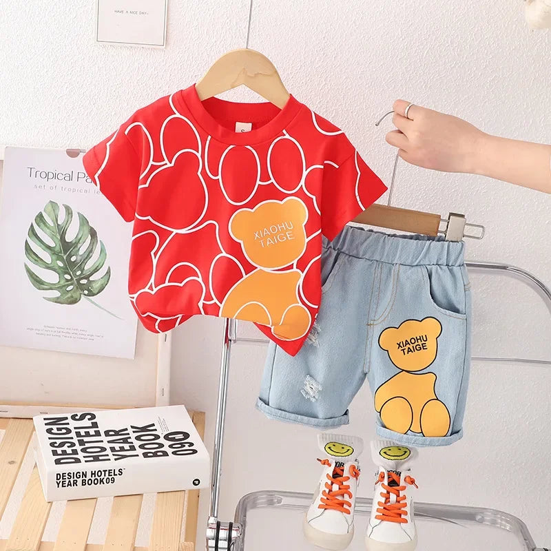 Kid's Cotton O-Neck Short Sleeves Cartoon Pullover Casual Clothes