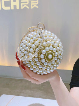 Women's Metallic Pearl Pattern Luxury Round Bridal Wedding Clutch