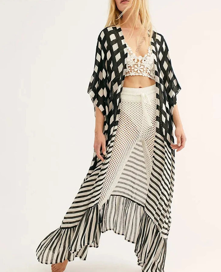 Women's Polyester Long Sleeves Striped Kaftan Beach Cover Up