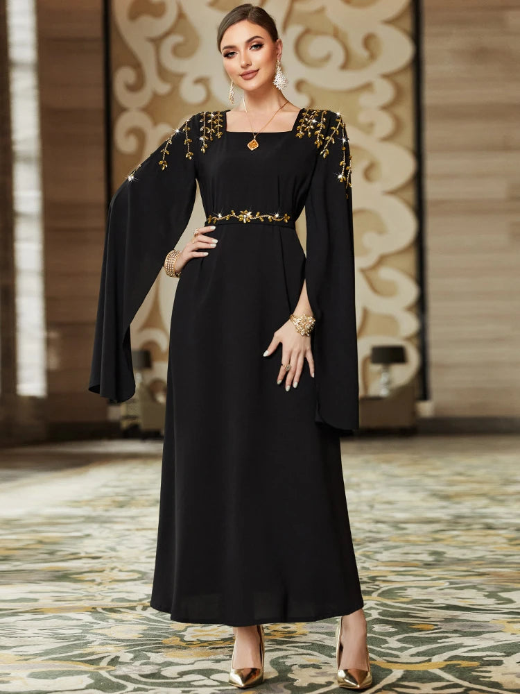 Women's Arabian Polyester Full Sleeves Rhinestone Casual Dress