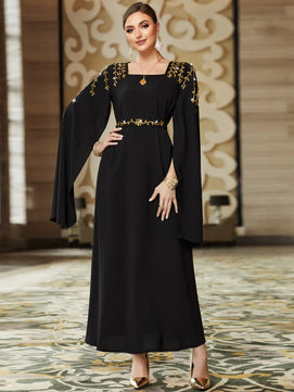 Women's Arabian Polyester Full Sleeves Rhinestone Casual Dress