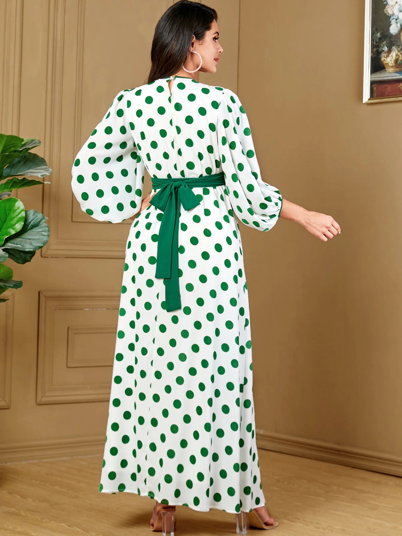 Women's Arabian Polyester Full Sleeves Dotted Pattern Dress