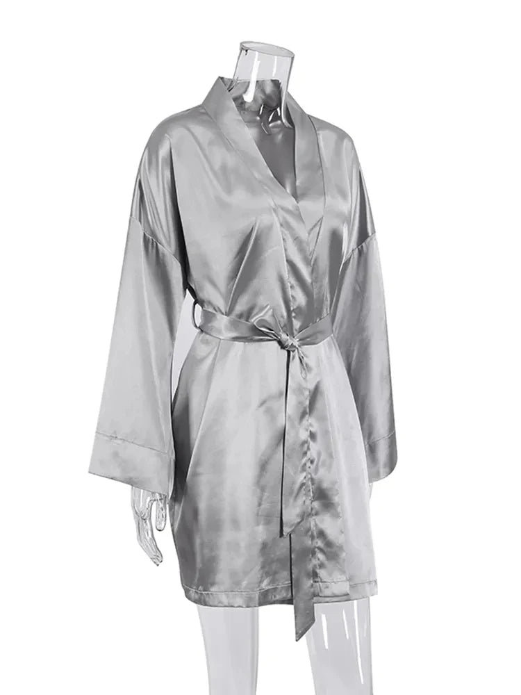 Women's Silk V-Neck Full Sleeve Nightgown Bathrobe Sleepwear Dress