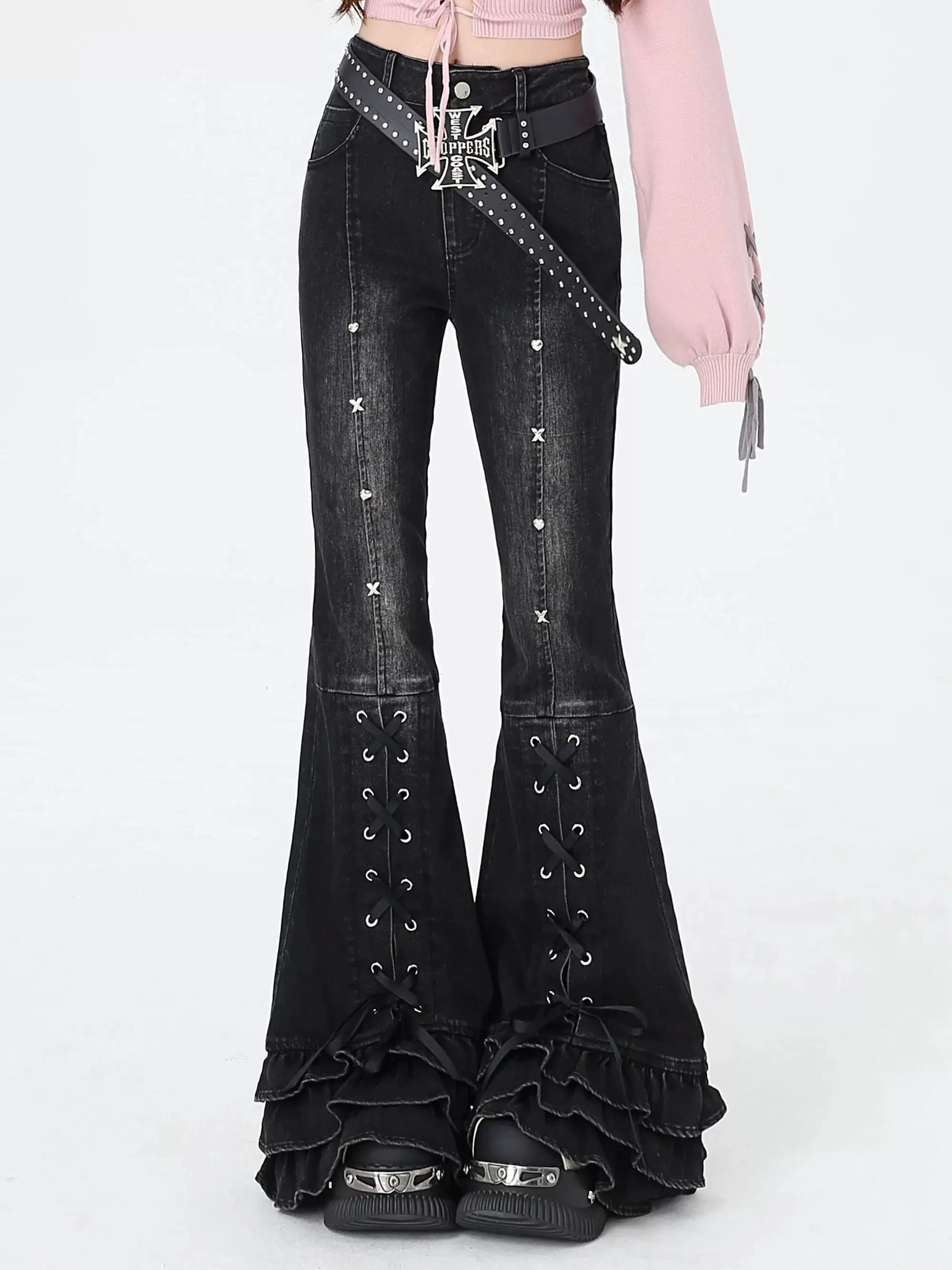 Women's Cotton High Waist Zipper Fly Closure Embroidery Trousers