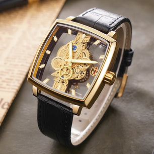 Men's Leather Buckle Clasp Waterproof Square Shaped Watches