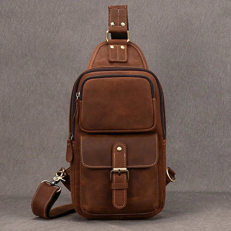 Men's Genuine Leather Zipper Closure Solid Pattern Shoulder Bag