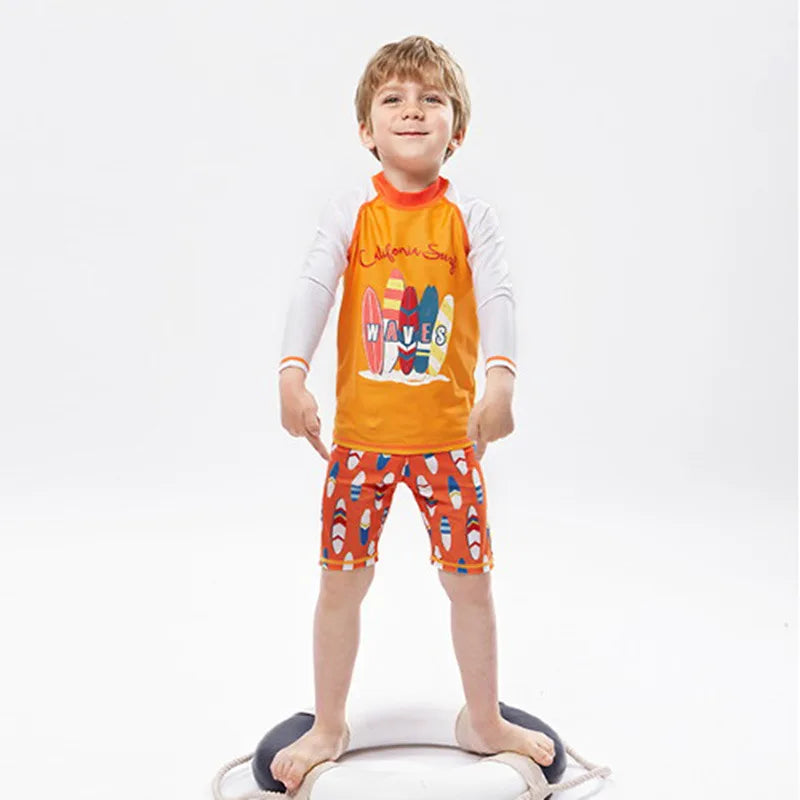 Kid's Boy O-Neck Spandex Full Sleeve Printed Pattern Swimsuit